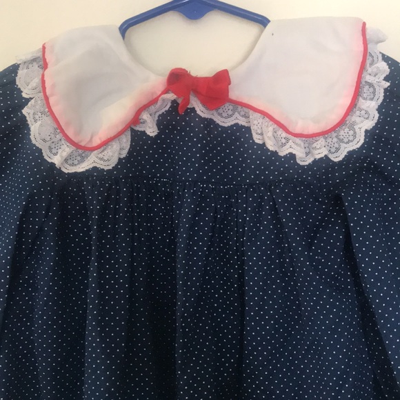 Vintage 80s 90s Girl Toddler Blue Polka Dot Ruffled Dress White Lace Collar &Bow - Picture 2 of 12
